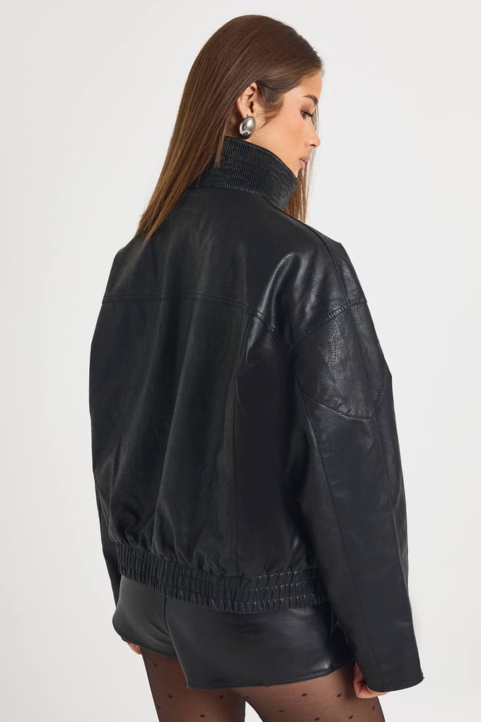 boohoo Dames Bomberjack met trechterhals van kunstleer | Zwart | Maat: 36