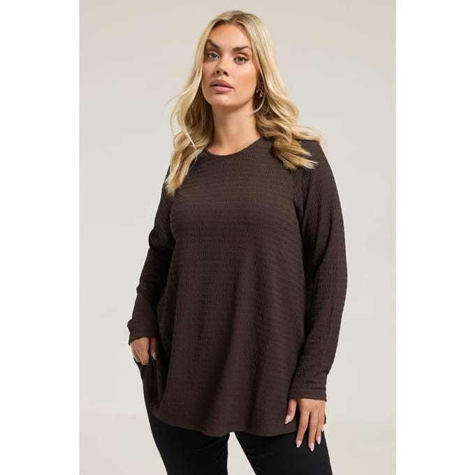 Yours Curve Chocoladebruine Textuur Top Met Lange Mouwen Size 48