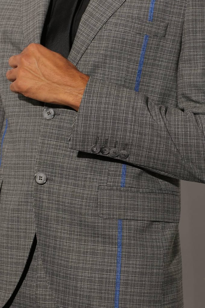 Slim Fit Check Contrast Stitch Suit Jacket | Black | Size 48