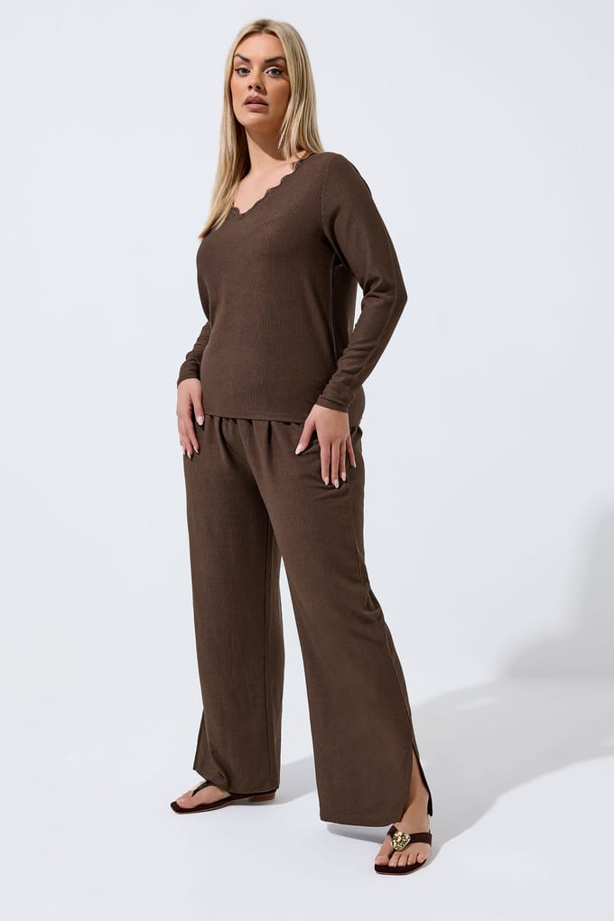 Limited Collection Bruine Top Met Gestructureerde Kanten Rand Size 46