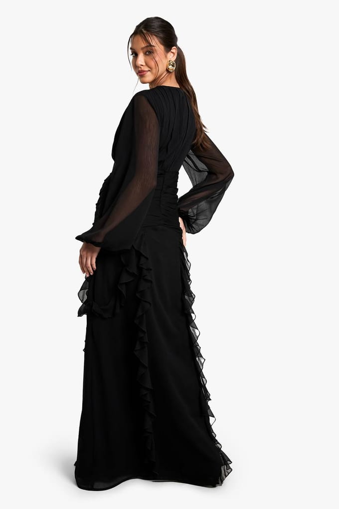 boohoo Dames Geplooide Chiffon Maxi Jurk Met Ruches | Zwart | Maat: 38