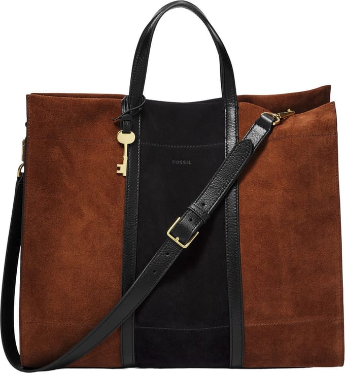 FOSSIL Leren Shopper Schoudertas Carmen Tote Brown / Black Bruine Zwart