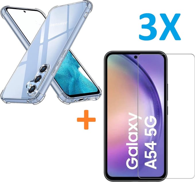 Anti-Shock silicone hoesje met 3 Pack Tempered glas Screen Protector Geschikt voor: Samsung Galaxy A54