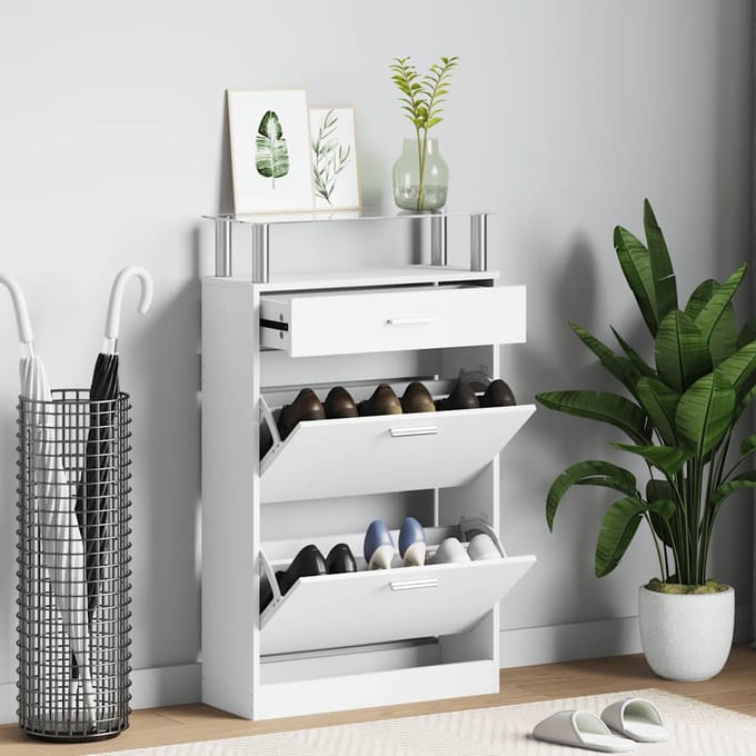 vidaXL - Schoenenkast - met - lade - en - glazen - schap - wit - hout