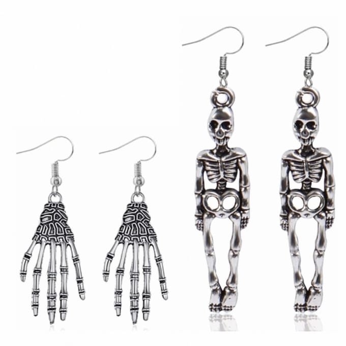 set- 2 paar zilver oorbellen -skelet/skelethand- Charme Bijoux