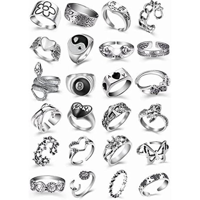 24 stuks Retro Herenring Metaallegering Zilverkleur Vintage Ring Modieus Punk Gothic Ring gray