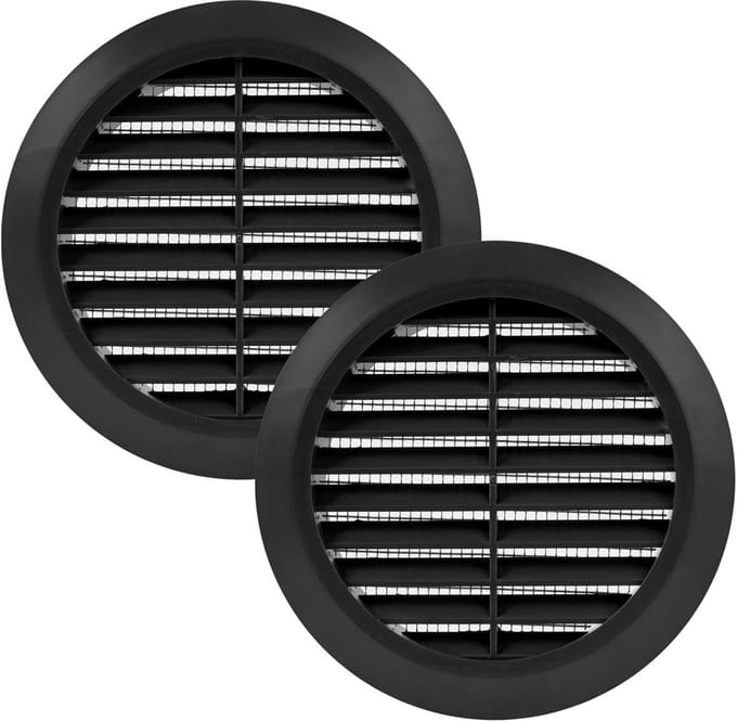 Set van 2 Ventilatie Rooster Rond 100 mm Zwart met Insectenhor