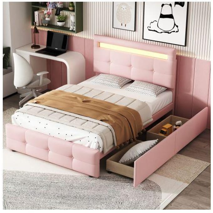 Lit - MUVOE - 90x200 cm - Rembourré - Éclairage LED - 2 tiroirs - Rose rose
