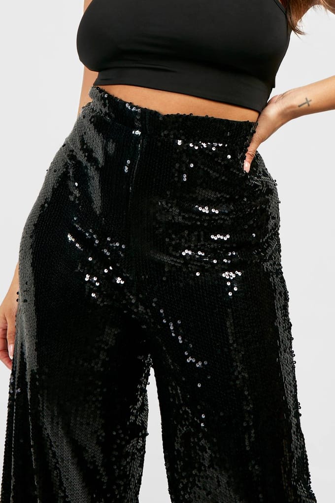 boohoo Dames Plus Sequin Broek met Wijde Pijpen | Black | Maat: 26
