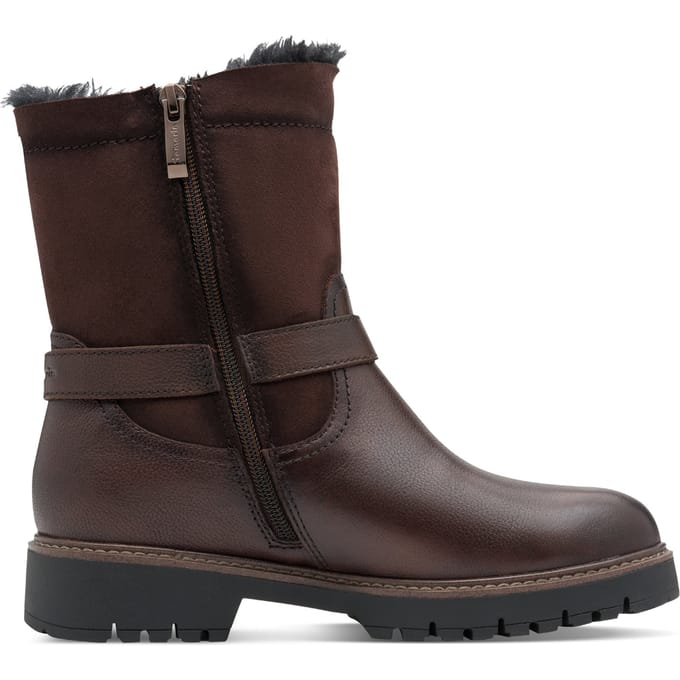 Tamaris Dames Winter Mocca Bruine Leren Gesp Rits Biker Enkellaarsjes