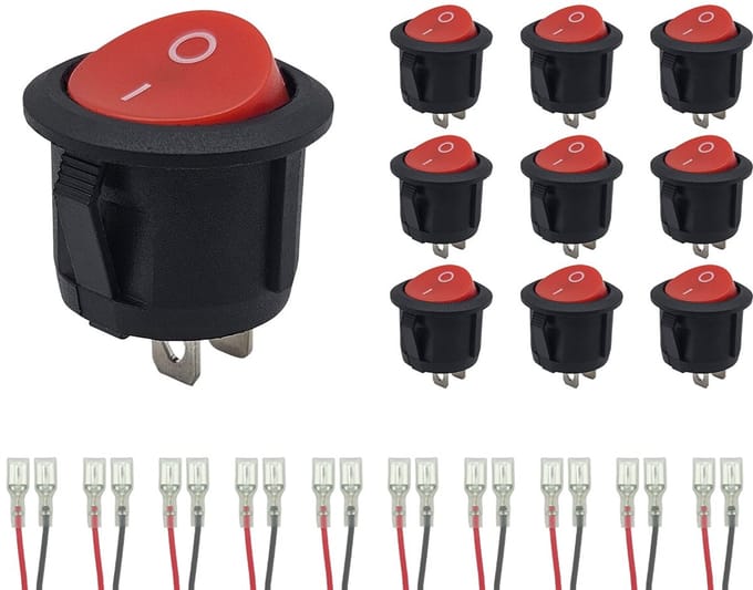 ProRide Wipschakelaar ON/OFF KCD2-202 - met Aansluitkabels - 2-pins - Rond ?20mm - 250V/6A - Rood - 10 stuks