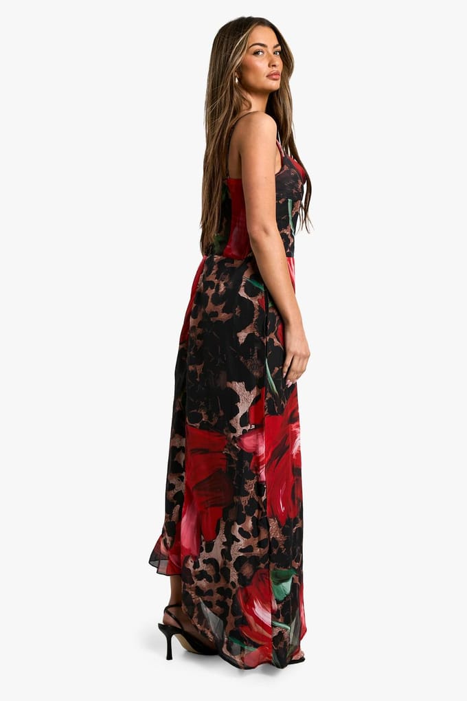 boohoo Dames Leopard Floral Mix Chiffon Corset Maxi Dress | Maat: 8
