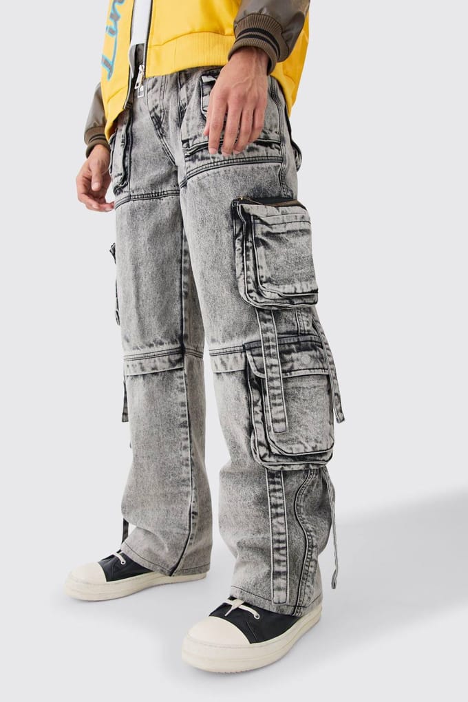Baggy Rigid Multi Cargo Pocket Strap Detail Acid Wash Jeans | Charcoal | Size 36R
