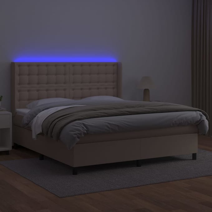 vidaXL - Boxspring - met - matras - en - LED - kunstleer - cappuccinokleur - 180x200cm