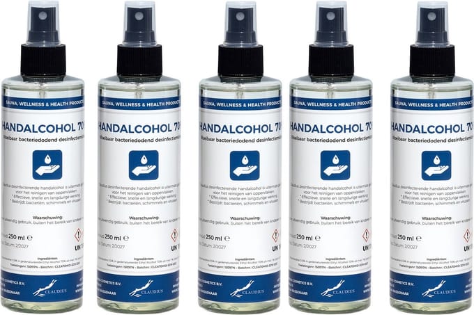 Handalcohol spray 70% - 250 ml met luxe zwarte verstuiver dop - set van 5 stuks