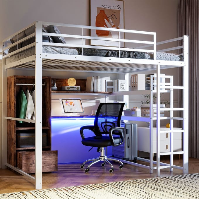 REDOM hoogslaper 140x200 cm – Met LED-verlichting en opbergruimte – Metaal + MDF – Wit