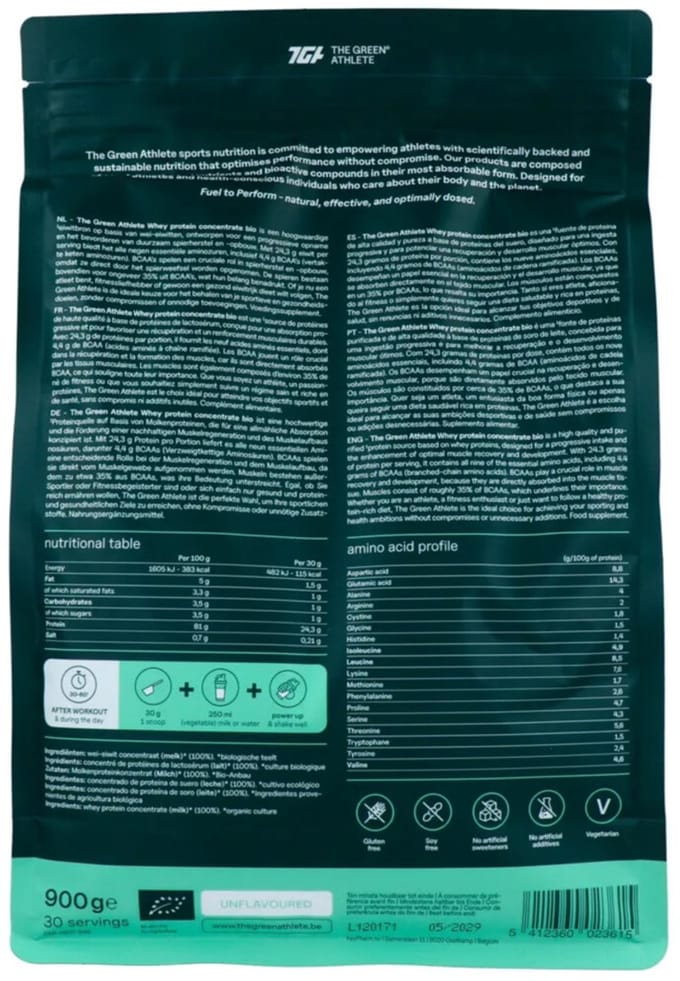 The Green Athlete Whey protein concentrate unflavoured bio 900 Gram