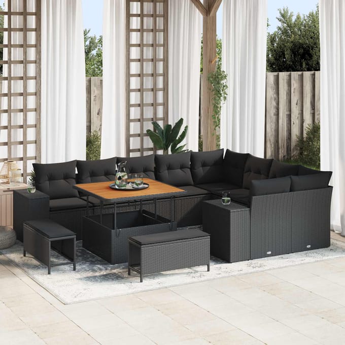 vidaXL - Tuinbank - Set - 12 - st - 9-zits - Zwart - poly - rattan