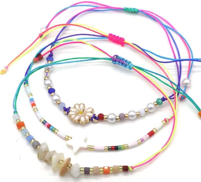 Set Armbanden - Bloem en Steentjes - 3 Stuks - Lengte Verstelbaar - Multicolor