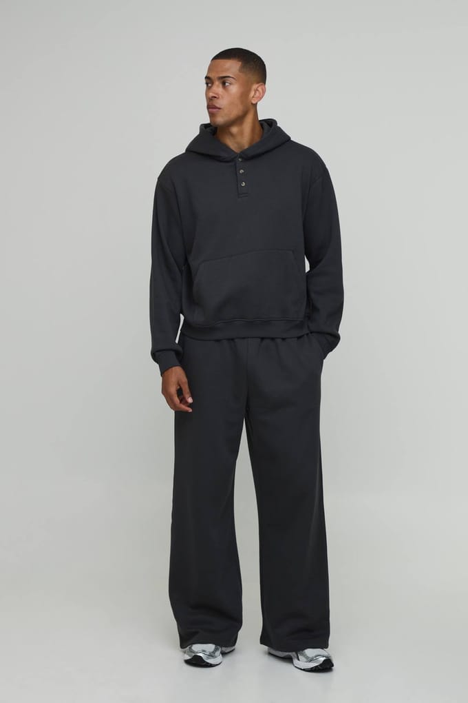 Oversized Boxy Henley Hoodie En Wijde Pijpen Joggingbroek | Charcoal | Size Medium