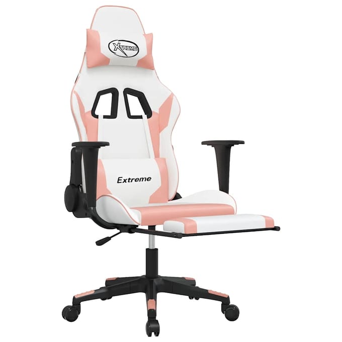vidaXL - Massage - gamestoel - met - voetensteun - kunstleer - wit - en - roze