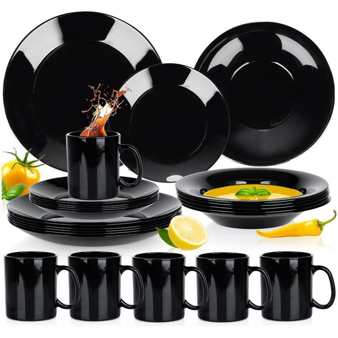 Serviesset Glas Zwart 24 delig - Servies Set - Bordenset - Borden