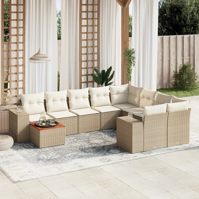 vidaXL - 10-delige - Loungeset - met - kussens - poly - rattan - beige