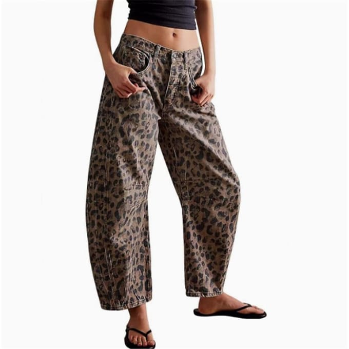 Jeans amples imprimés en denim pour femmes automne et hiver, pantalon neuf points jambe large taille moyenne Y2K XL d’impression léopard