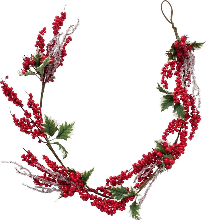 Winter tak - Tak - Kerst Slinger - Hulst - Rode Bessen - ijs- Groen - Rood - 145x Ø10cm.