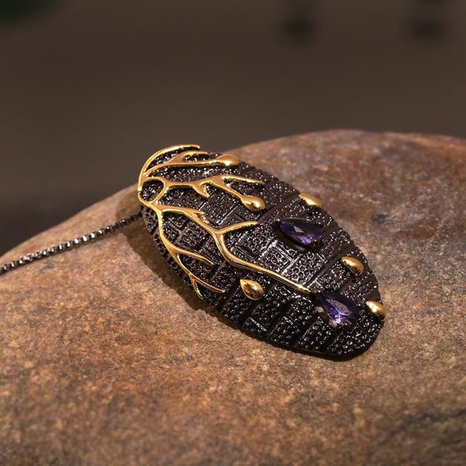 Collier Améthyste Oeil de Tigre Zircon Moderne Bicolore Enroulé Grand Pendentif 925 silver brown