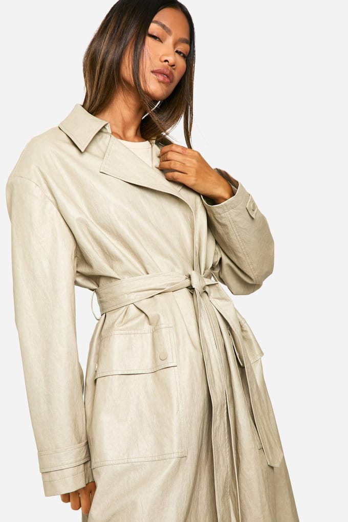 boohoo Dames Vintage look nepleren trenchcoat | Stone | Maat: 8