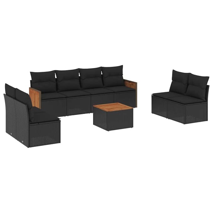 vidaXL - 9-delige - Loungeset - met - kussens - poly - rattan - zwart