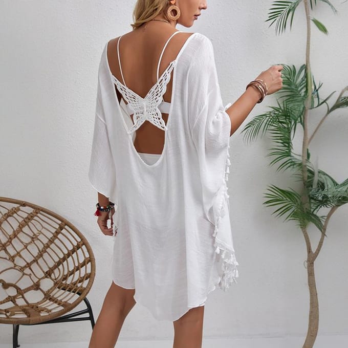 Kwastjes Strandshirt Holle Vlinder Losse Strand Vakantie Jurk one size wit