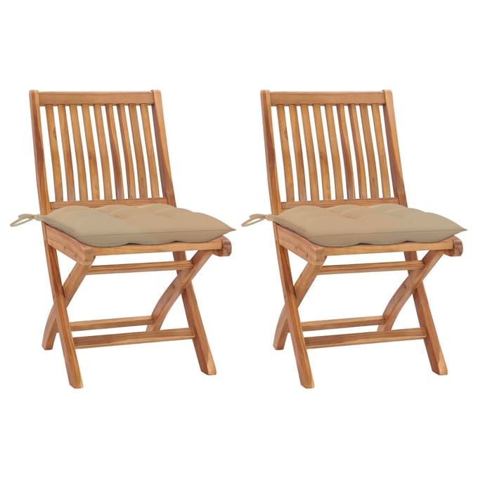 vidaXL - Inklapbare - stoelen - 2 - st - met - beige - kussens - massief - teakhout