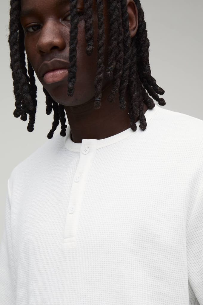 Regular Fit Waffle Henley T-Shirt | White | Size 3XL