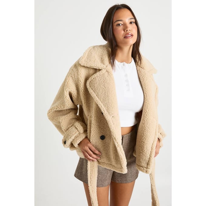 boohoo Dames Oversized Coltriem Teddy-jasje | Stone | Maat: 14