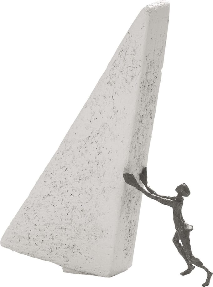 sculptuur het onmogelijke waar maken - Witte steen met ECHT BRONS 25 cm hoog