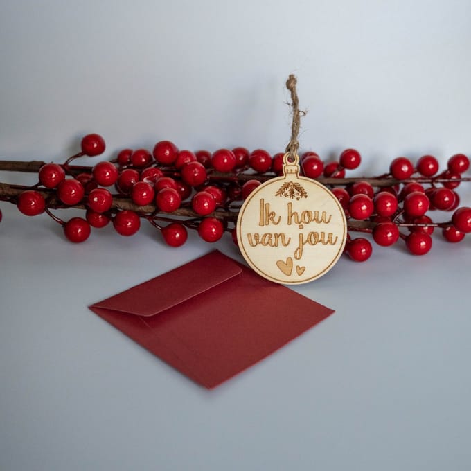 Houten Kerstbal "Ik hou van jou"