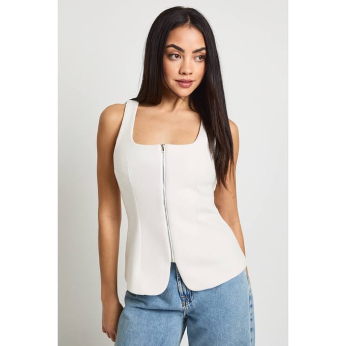 boohoo Dames Wollen Look Zip Voorkant Longline Top | Ivory | Maat: 8