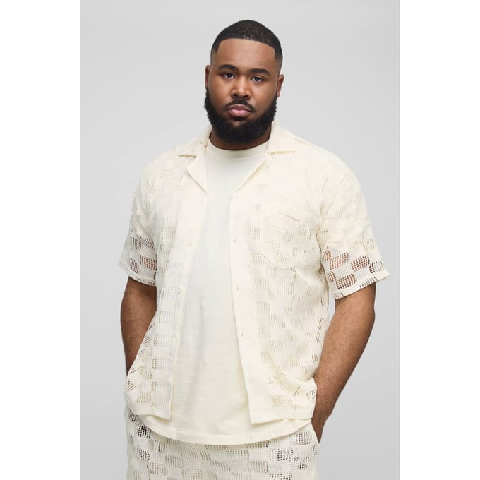 Plus Check Open Stitch Oversized Revere Shirt | Stone | Size 2XL
