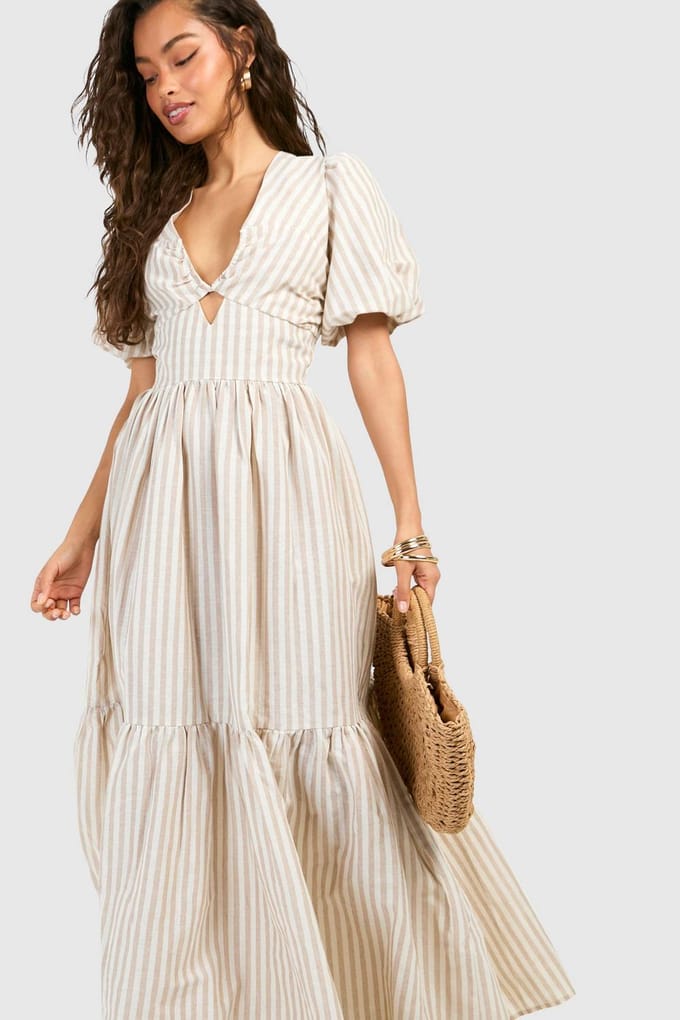 boohoo Dames Gestreepte Maxi Jurk met Lagen | Steen | Maat: 36