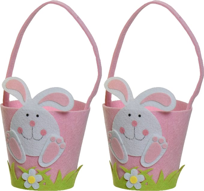 Decoris Paasmandjes met Paashaas - 2x - vilt - roze - D15 x H31 cm