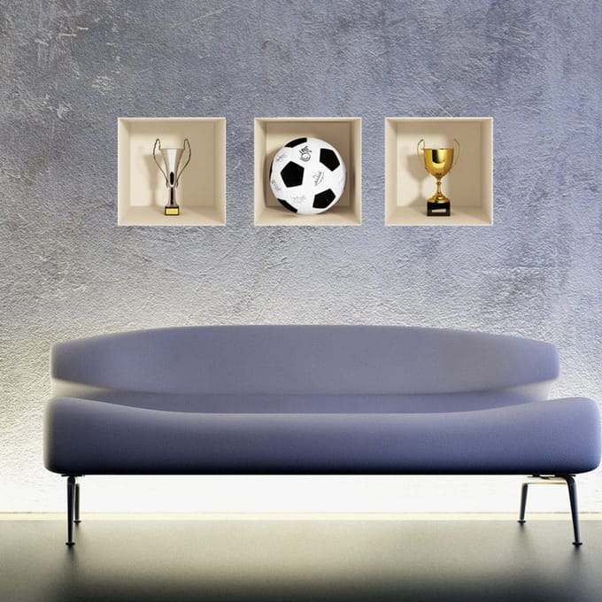 3D-effect sticker met voetbal en beker, 40 x 120 cm