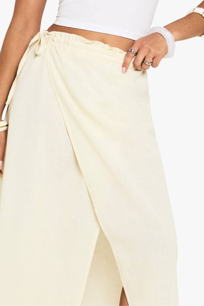 boohoo Dames Linnenlook Tie Waist Wrap Maxi Rok | Stone | Maat: 6