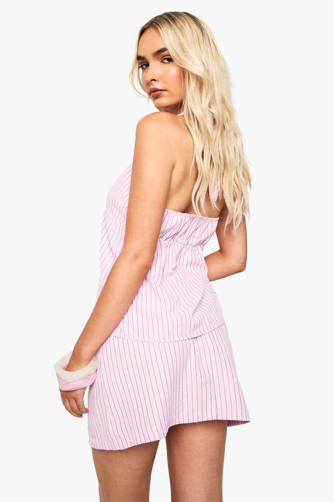 boohoo Dames Textuurgestreepte Mini-Rok | Pastel Pink | Maat: 10