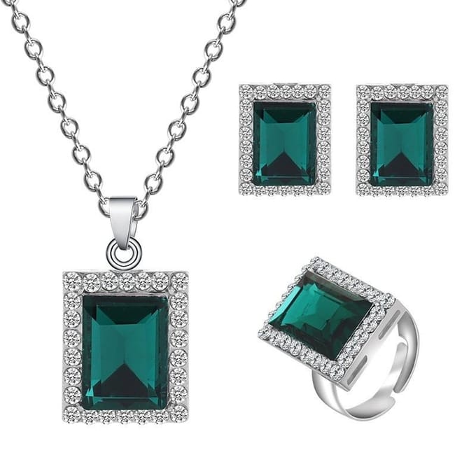 Tendance mode, collier carré en diamant à personnalité simple, boucles d'oreilles à tige, ensemble de bagues en trois pièces vert