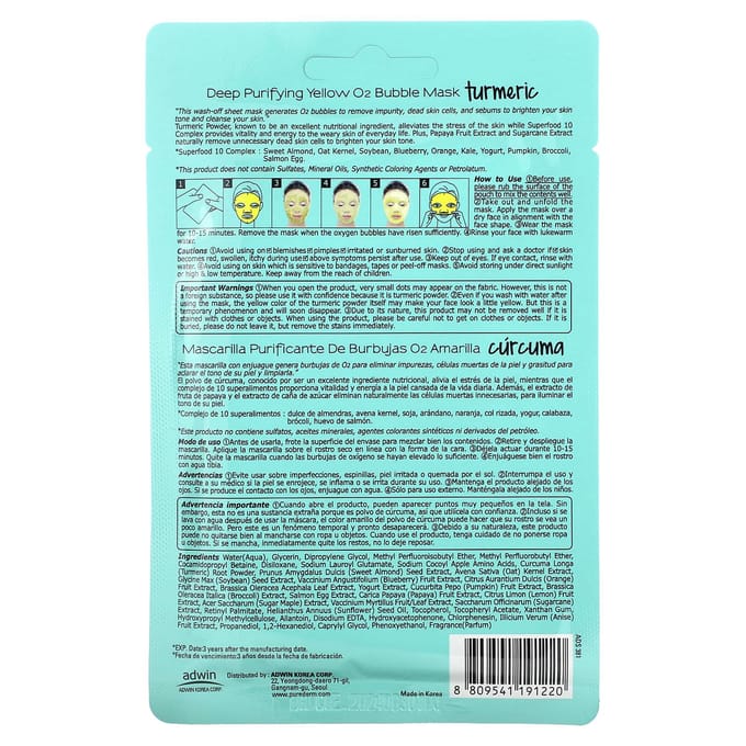 PUREDERM Masque visage purifiant aux bulles coréennes au curcuma, 25 g