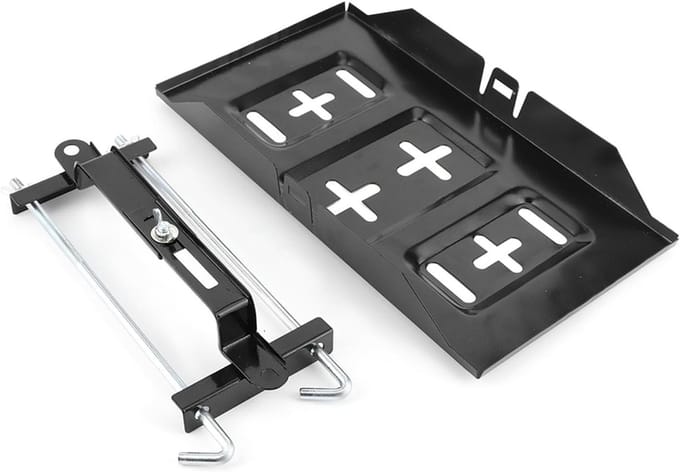 Universal Car Battery Holder Tray & Mount Kit | Recessed Slots Avoid Electrical Shorts | Robust Metal Bracket for Auto Battery Security | 13.4 Inch Black Tray (27CM)