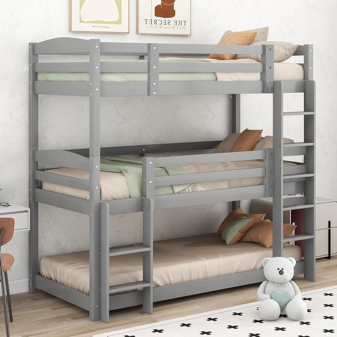 Moimhear Eensize houten driepersoons stapelbed voor kinderen (90 x 200 cm) (grijs)