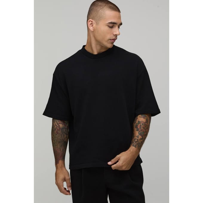 Oversized Gebreid T-shirt Van Katoenmix | Black | Size Medium